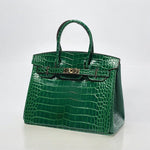 Structured Faux Leather Handbag – Glossy Croc Finish with Top Handle and Shoulder Strap - in Green Crocodile | Arvea Bags