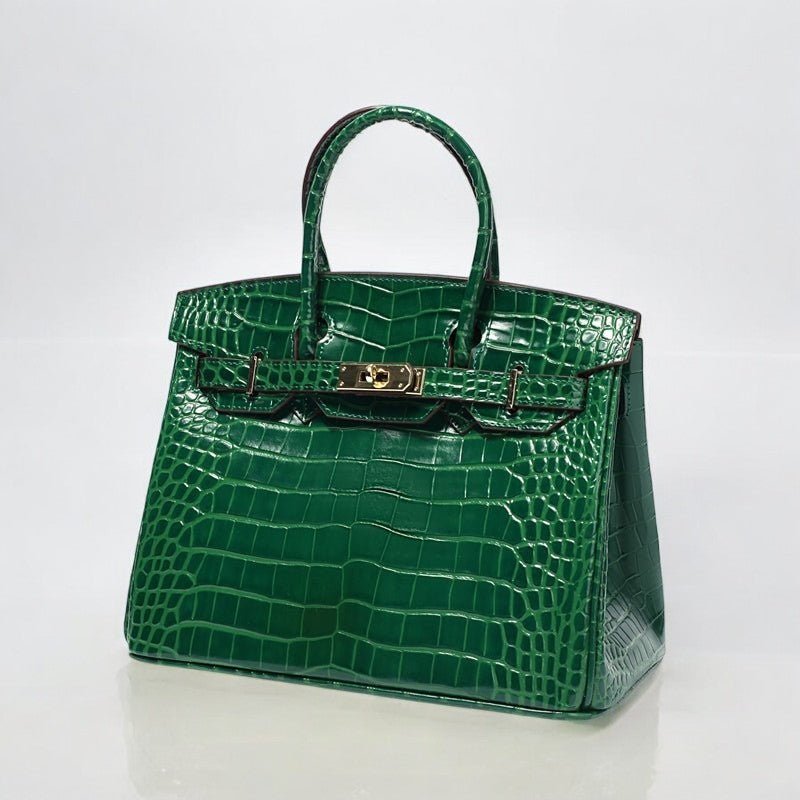 Structured Faux Leather Handbag – Glossy Croc Finish with Top Handle and Shoulder Strap - in Green Crocodile | Arvea Bags