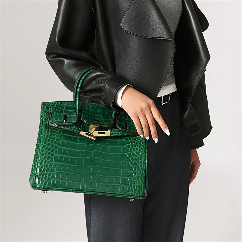 Structured Faux Leather Handbag – Glossy Croc Finish with Top Handle and Shoulder Strap - in Green Crocodile | Arvea Bags
