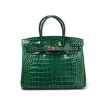 Structured Faux Leather Handbag – Glossy Croc Finish with Top Handle and Shoulder Strap - in Green Crocodile | Arvea Bags