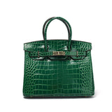 Structured Faux Leather Handbag – Glossy Croc Finish with Top Handle and Shoulder Strap - in Green Crocodile | Arvea Bags
