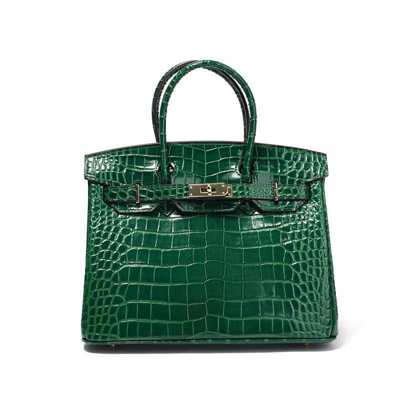 Structured Faux Leather Handbag – Glossy Croc Finish with Top Handle and Shoulder Strap - in Green Crocodile | Arvea Bags