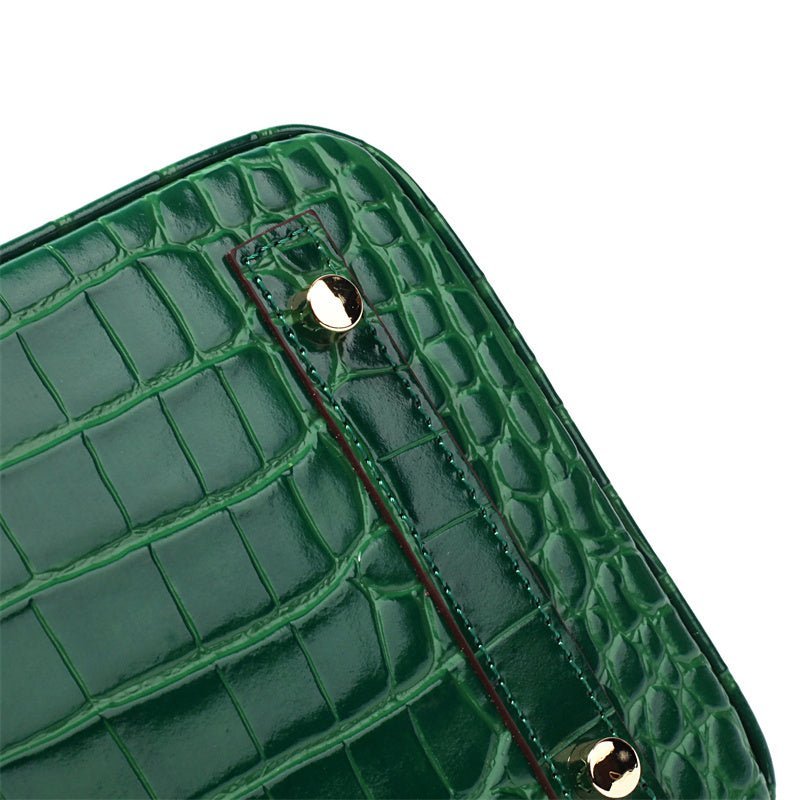 Structured Faux Leather Handbag – Glossy Croc Finish with Top Handle and Shoulder Strap - in Green Crocodile | Arvea Bags