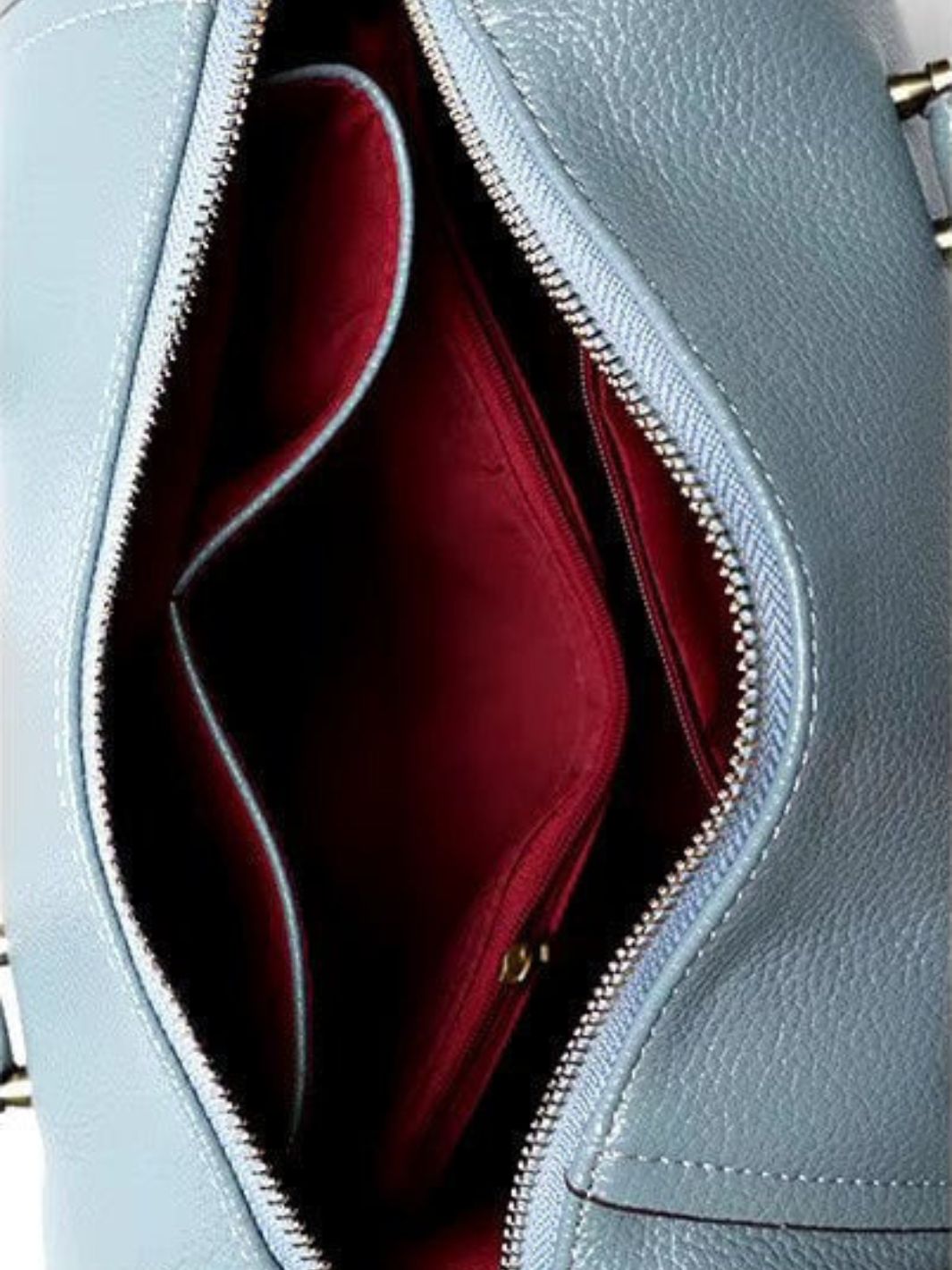Structured Leather Bowling Bag with Top Handles - in Light Blue | Arvea Bags