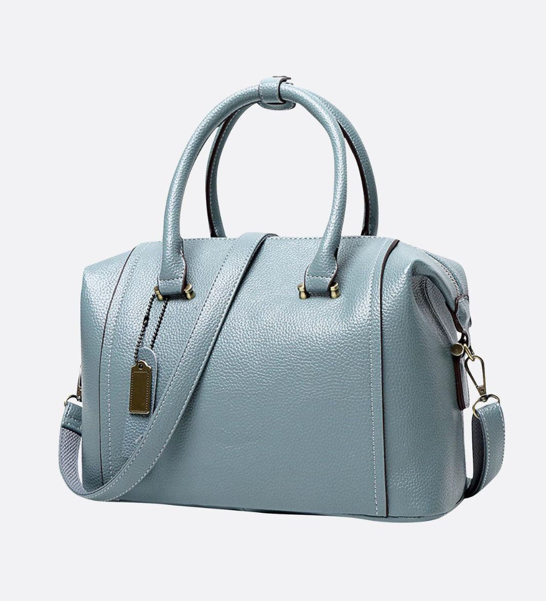 Structured Leather Bowling Bag with Top Handles - in Light Blue | Arvea Bags