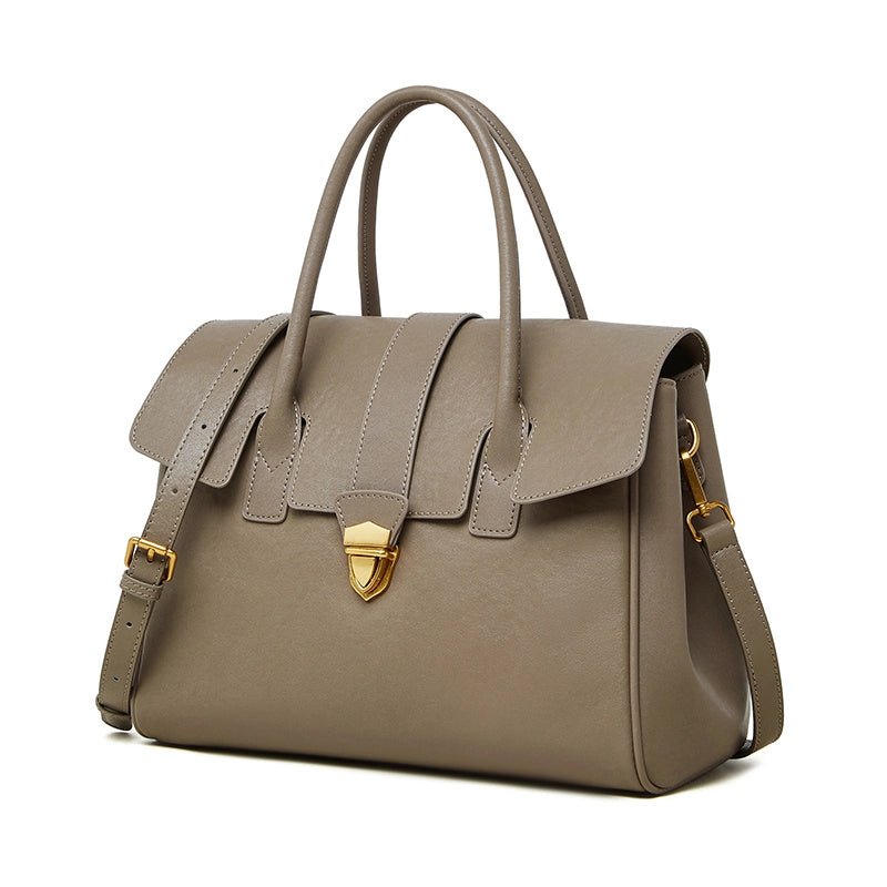 Structured Leather Tote – Elegant Top Handle Work Bag - in Khaki | Arvea Bags