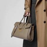 Structured Leather Tote – Elegant Top Handle Work Bag - in Khaki | Arvea Bags