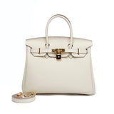 Structured White Leather Purse – Genuine Leather Tote with Gold Lock & Removable Strap - in White | Arvea Bags