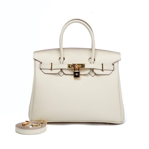 Structured White Leather Purse – Genuine Leather Tote with Gold Lock & Removable Strap - in White | Arvea Bags