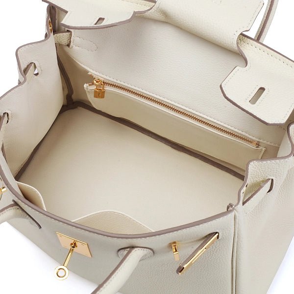 Structured White Leather Purse – Genuine Leather Tote with Gold Lock & Removable Strap - in White | Arvea Bags