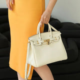 Structured White Leather Purse – Genuine Leather Tote with Gold Lock & Removable Strap - in White | Arvea Bags