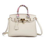 Structured White Leather Purse – Genuine Leather Tote with Gold Lock & Removable Strap - in White | Arvea Bags