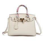 Structured White Leather Purse – Genuine Leather Tote with Gold Lock & Removable Strap - in White | Arvea Bags