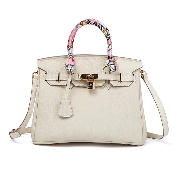 Structured White Leather Purse – Genuine Leather Tote with Gold Lock & Removable Strap - in White | Arvea Bags