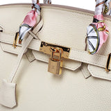 Structured White Leather Purse – Genuine Leather Tote with Gold Lock & Removable Strap - in White | Arvea Bags