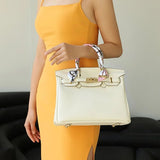 Structured White Leather Purse – Genuine Leather Tote with Gold Lock & Removable Strap - in White | Arvea Bags