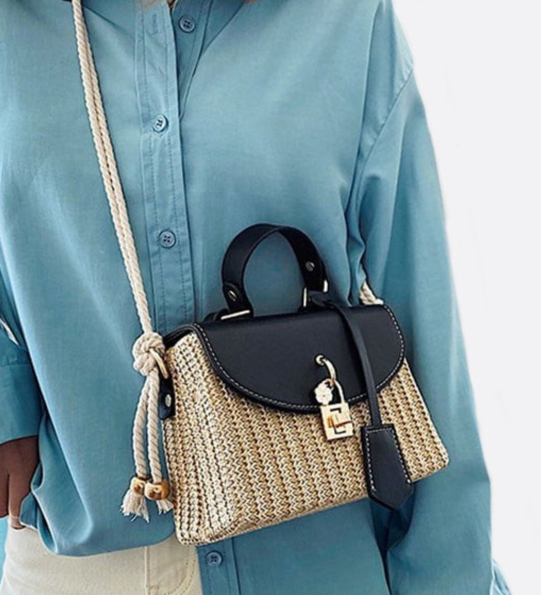 Structured Woven Handbag with Faux Leather Flap – Top Handle & Rope Strap - in Black | Arvea Bags