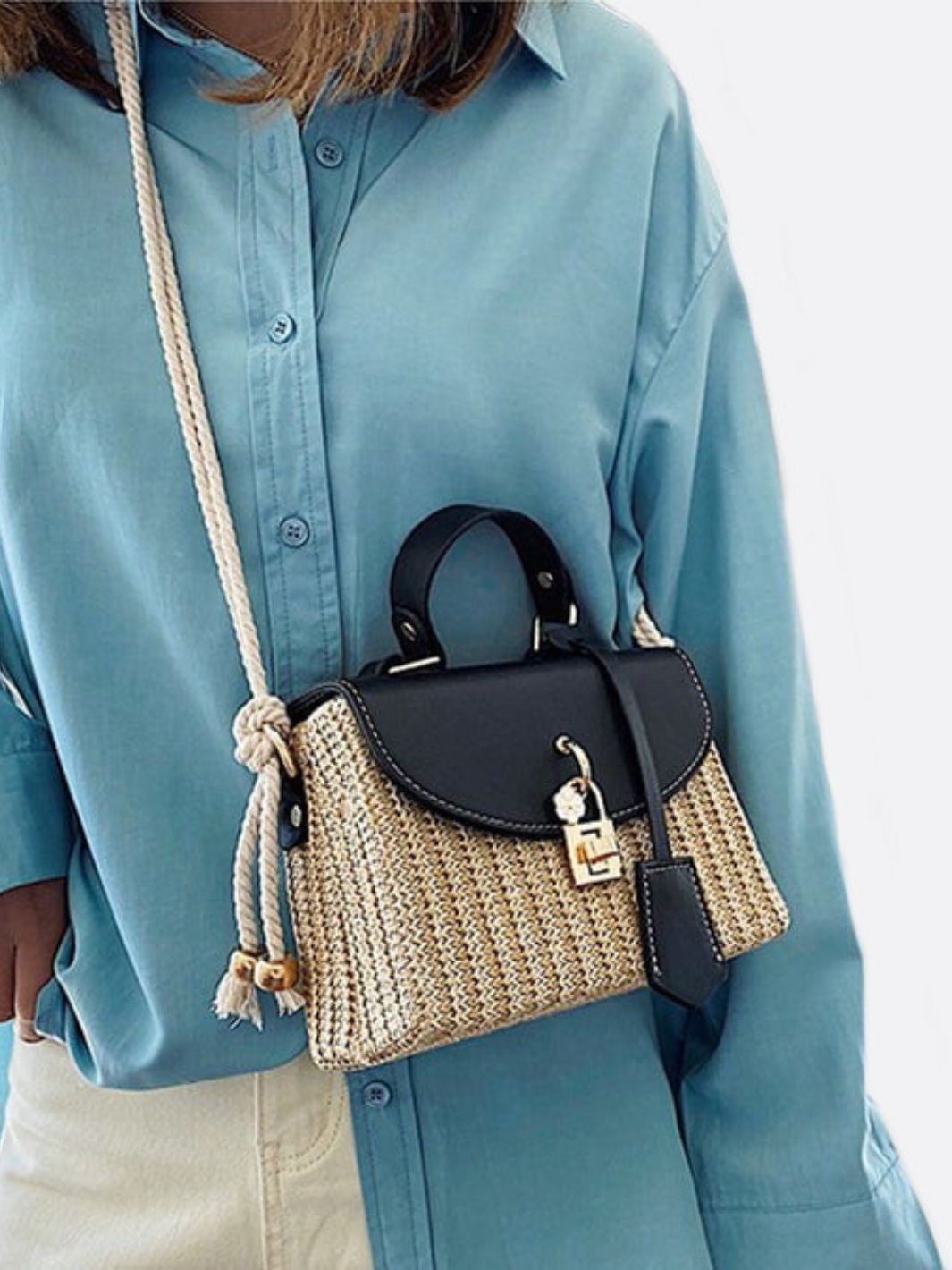 Structured Woven Handbag with Faux Leather Flap – Top Handle & Rope Strap - in Black | Arvea Bags