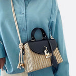 Structured Woven Handbag with Faux Leather Flap – Top Handle & Rope Strap - in Black | Arvea Bags