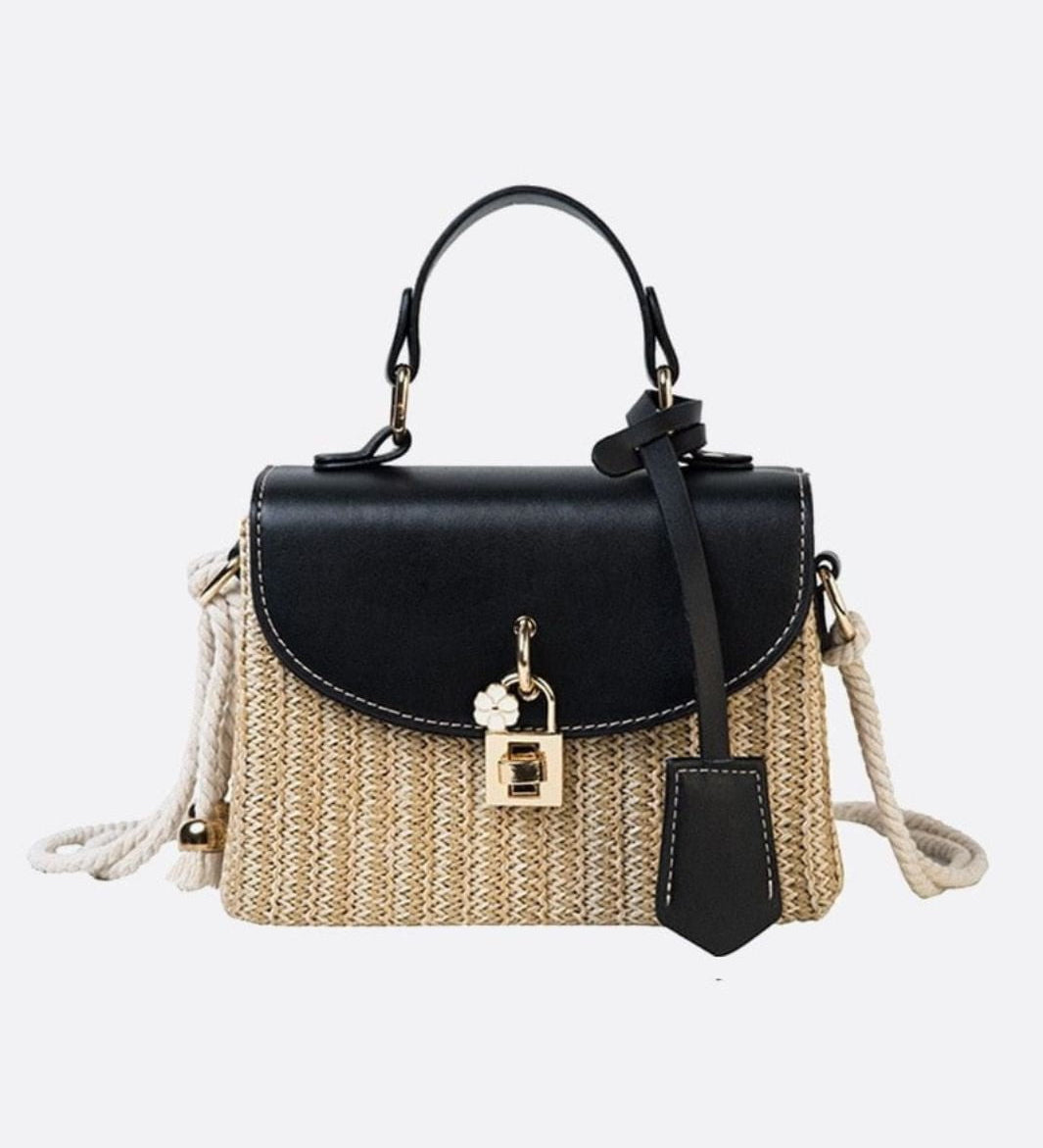 Structured Woven Handbag with Faux Leather Flap – Top Handle & Rope Strap - in Black | Arvea Bags