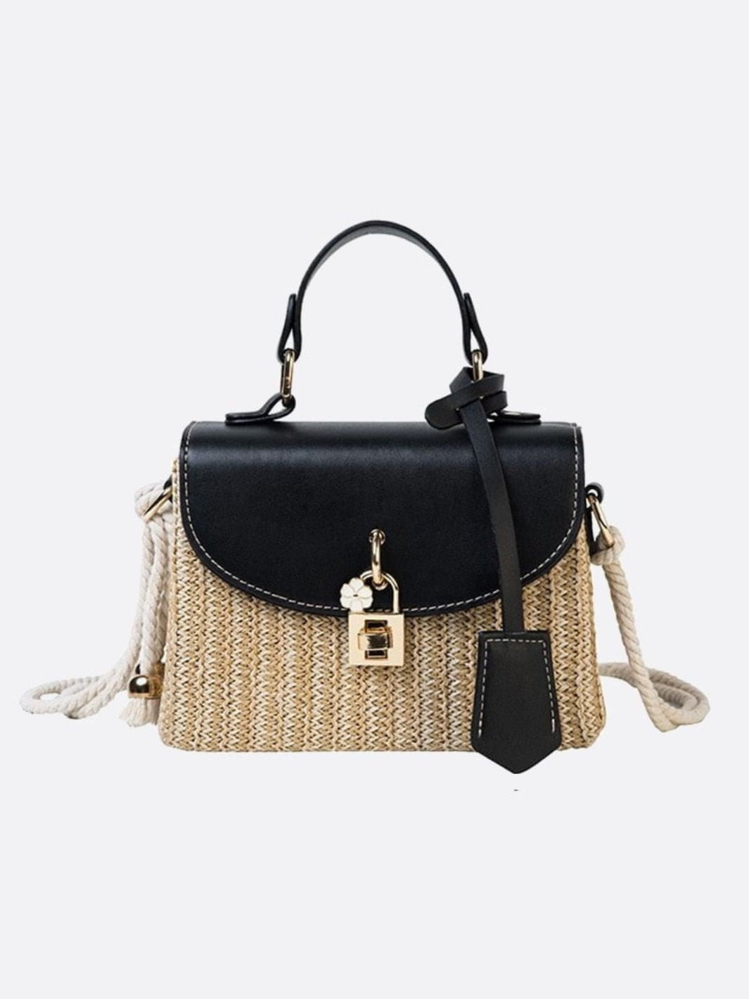 Structured Woven Handbag with Faux Leather Flap – Top Handle & Rope Strap - in Black | Arvea Bags