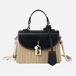 Structured Woven Handbag with Faux Leather Flap – Top Handle & Rope Strap - in Black | Arvea Bags