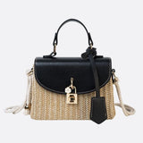 Structured Woven Handbag with Faux Leather Flap – Top Handle & Rope Strap - in Black | Arvea Bags