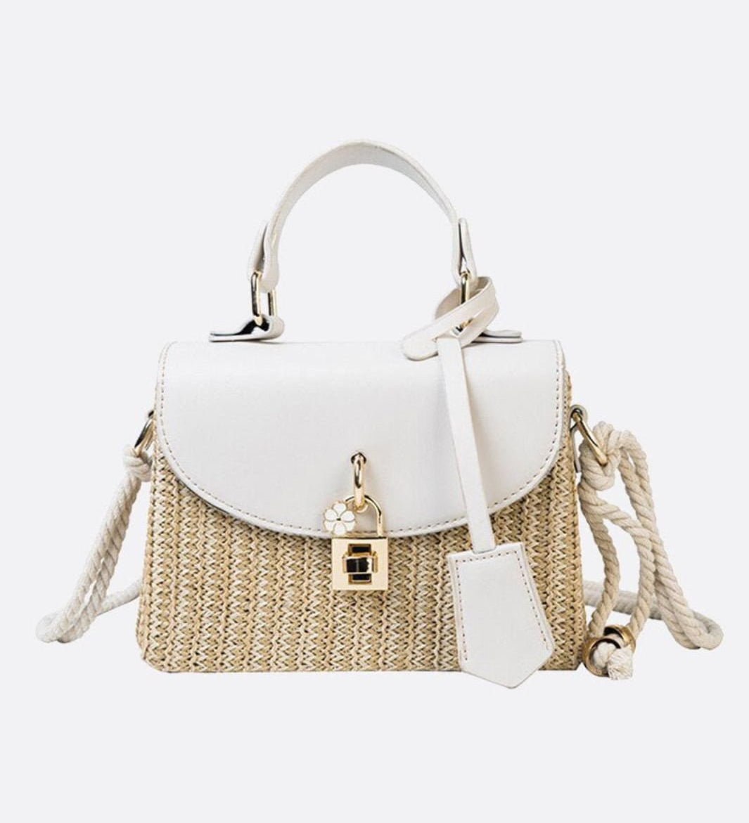 Structured Woven Handbag with Faux Leather Flap – Top Handle & Rope Strap - in Light Beige | Arvea Bags