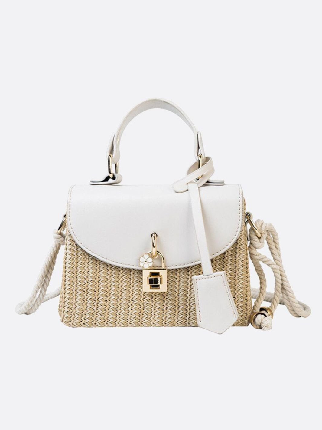 Structured Woven Handbag with Faux Leather Flap – Top Handle & Rope Strap - in Light Beige | Arvea Bags