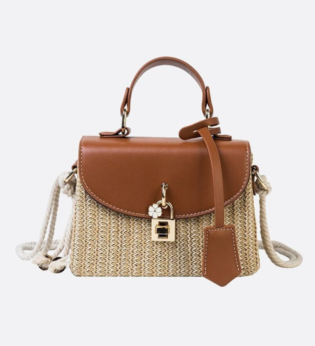 Structured Woven Handbag with Faux Leather Flap – Top Handle & Rope Strap - in Tan Brown | Arvea Bags