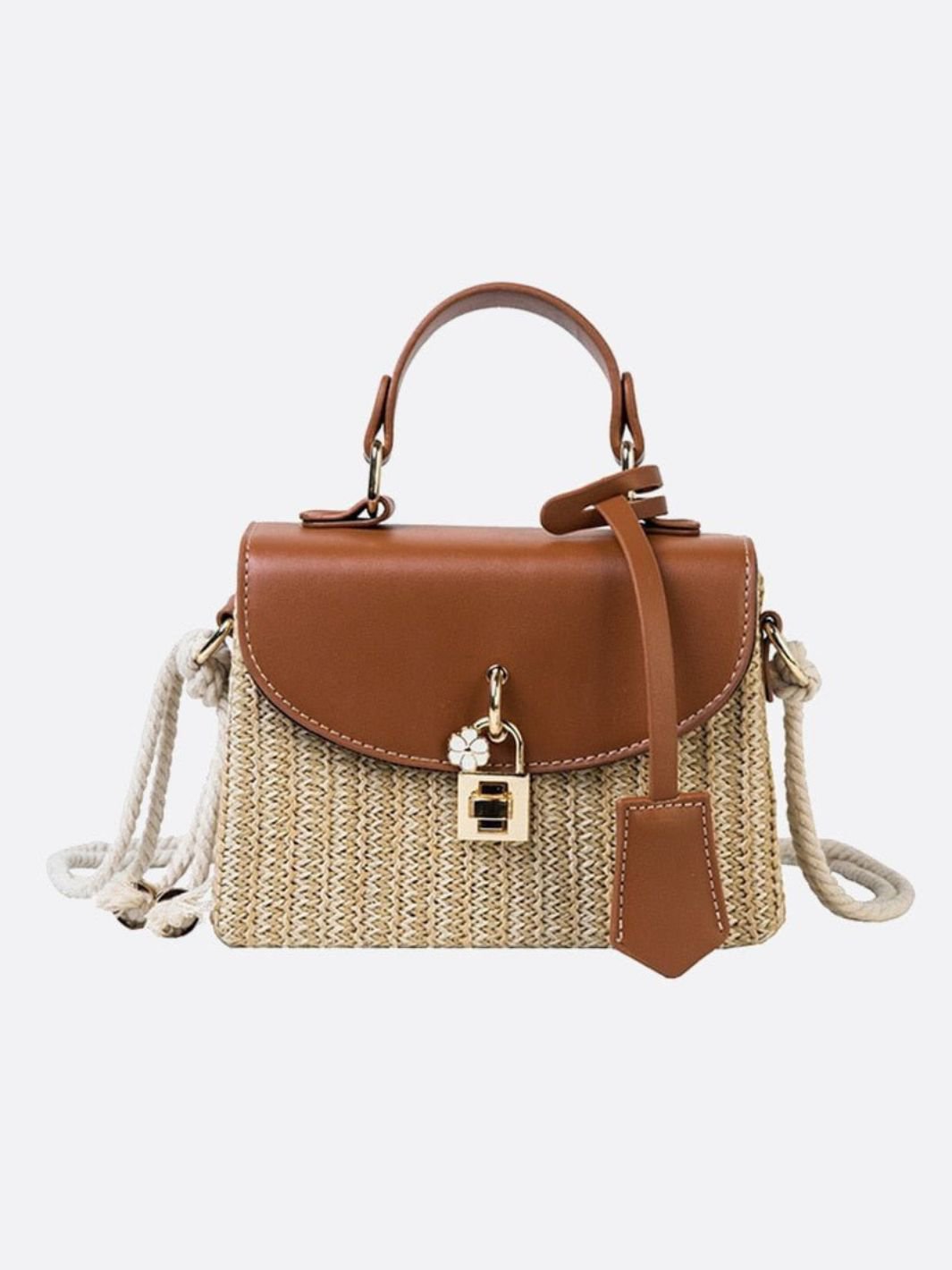 Structured Woven Handbag with Faux Leather Flap – Top Handle & Rope Strap - in Tan Brown | Arvea Bags