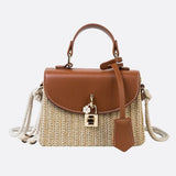 Structured Woven Handbag with Faux Leather Flap – Top Handle & Rope Strap - in Tan Brown | Arvea Bags