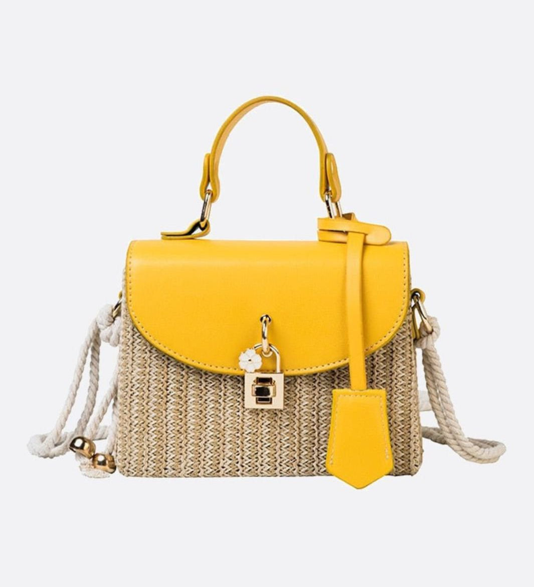 Structured Woven Handbag with Faux Leather Flap – Top Handle & Rope Strap - in Yellow | Arvea Bags