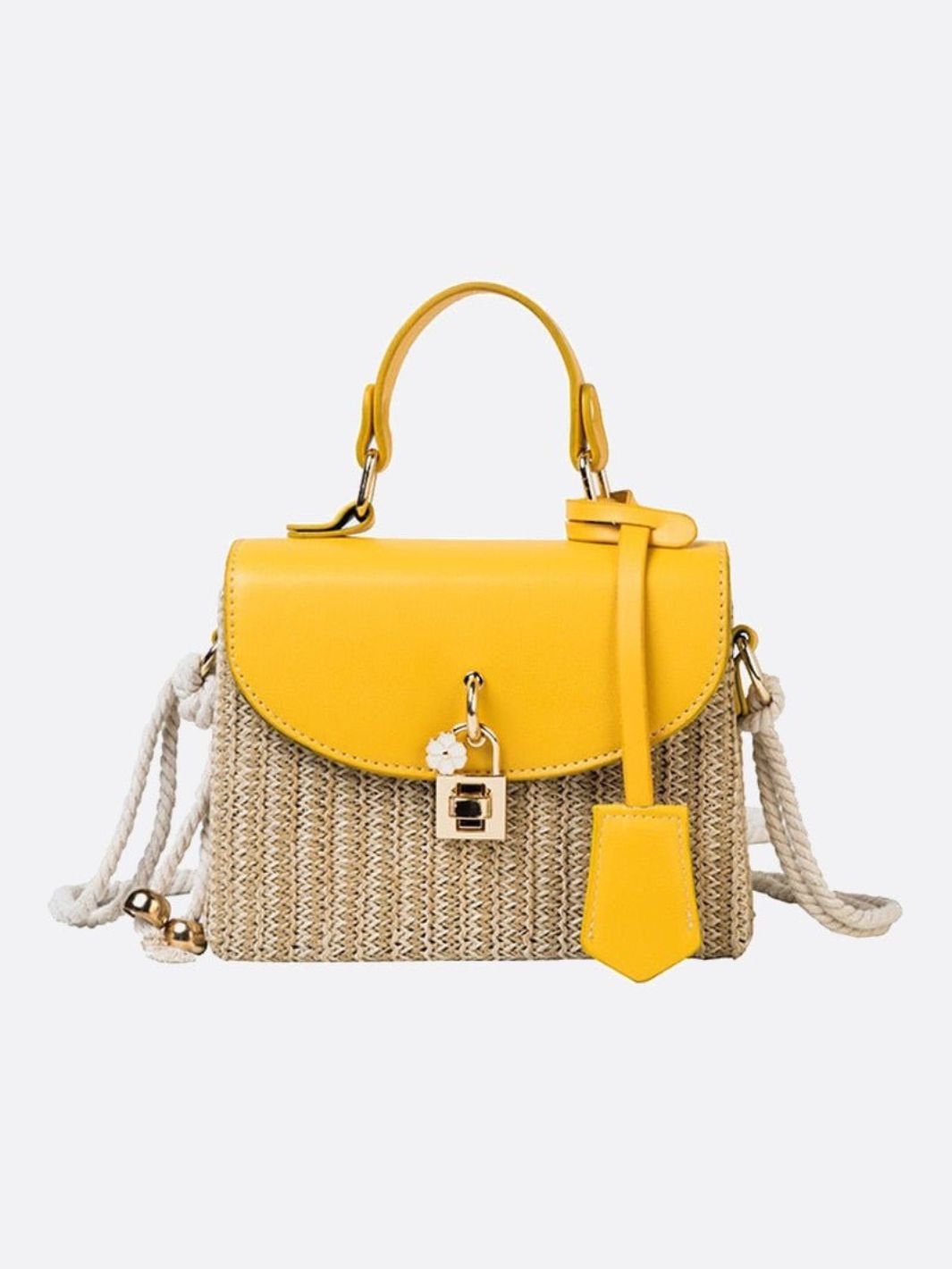 Structured Woven Handbag with Faux Leather Flap – Top Handle & Rope Strap - in Yellow | Arvea Bags