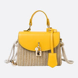 Structured Woven Handbag with Faux Leather Flap – Top Handle & Rope Strap - in Yellow | Arvea Bags