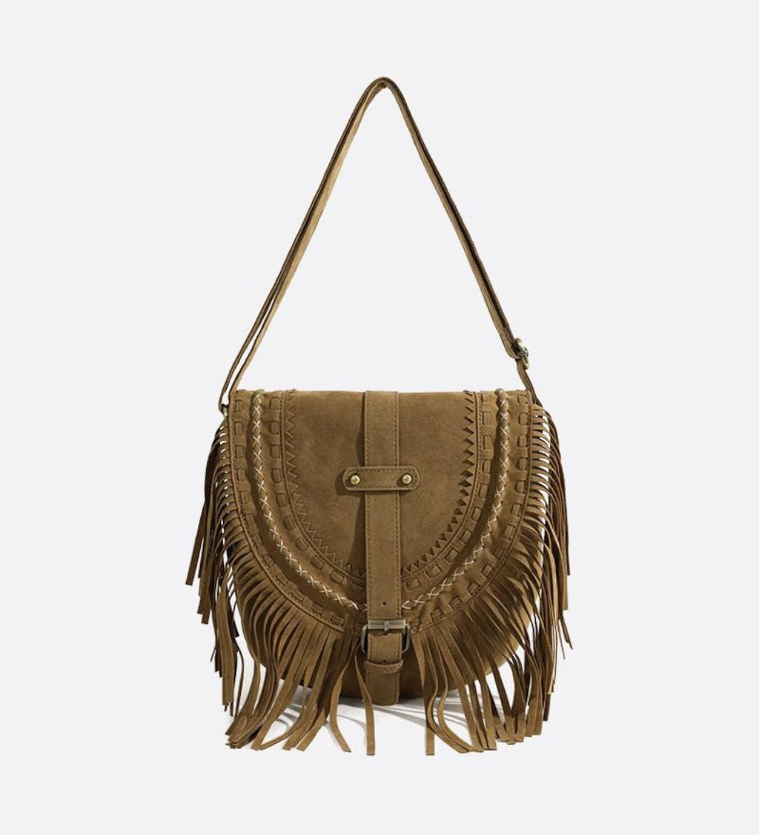 Suede Fringe Shoulder Bag – Boho Crossbody Saddle Bag - in Classic Brown | Arvea Bags