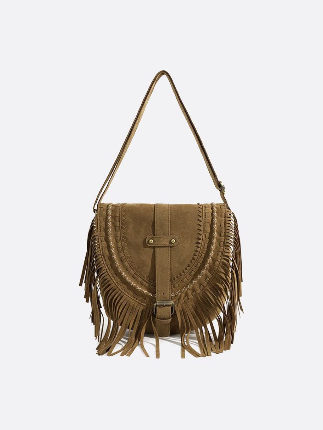 Suede Fringe Shoulder Bag – Boho Crossbody Saddle Bag - in Classic Brown | Arvea Bags