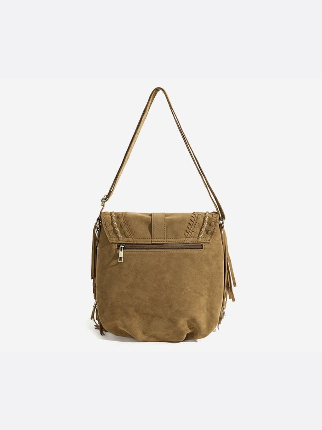 Suede Fringe Shoulder Bag – Boho Crossbody Saddle Bag - in Classic Brown | Arvea Bags
