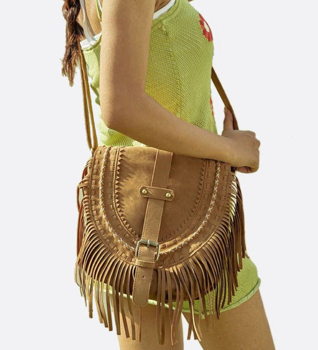 Suede Fringe Shoulder Bag – Boho Crossbody Saddle Bag - in Classic Brown | Arvea Bags