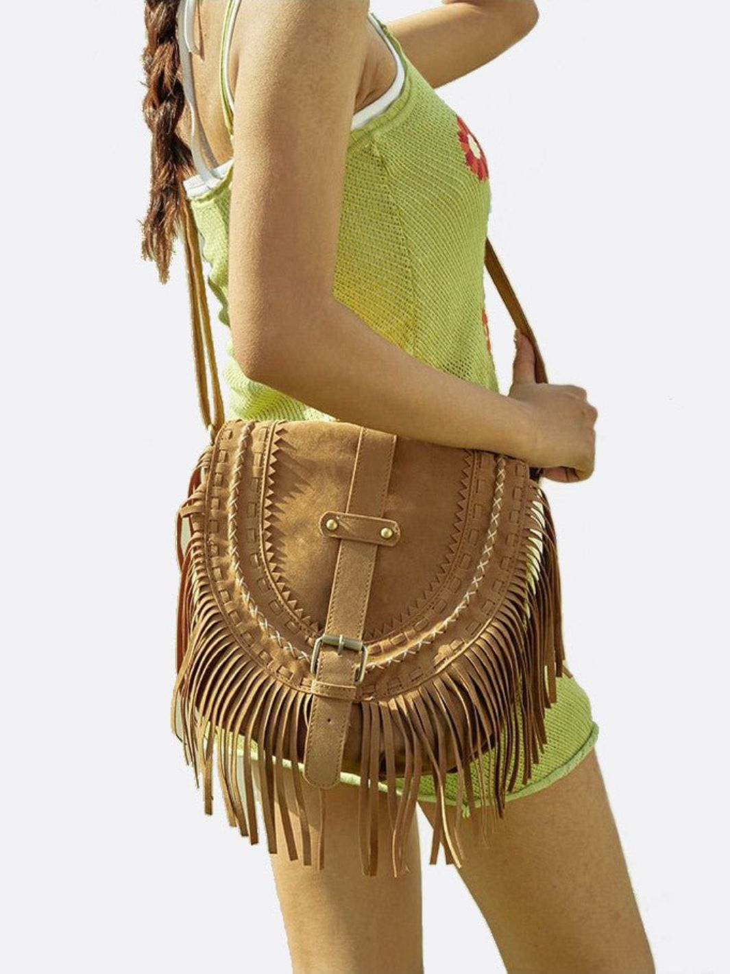 Suede Fringe Shoulder Bag – Boho Crossbody Saddle Bag - in Classic Brown | Arvea Bags