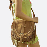 Suede Fringe Shoulder Bag – Boho Crossbody Saddle Bag - in Classic Brown | Arvea Bags