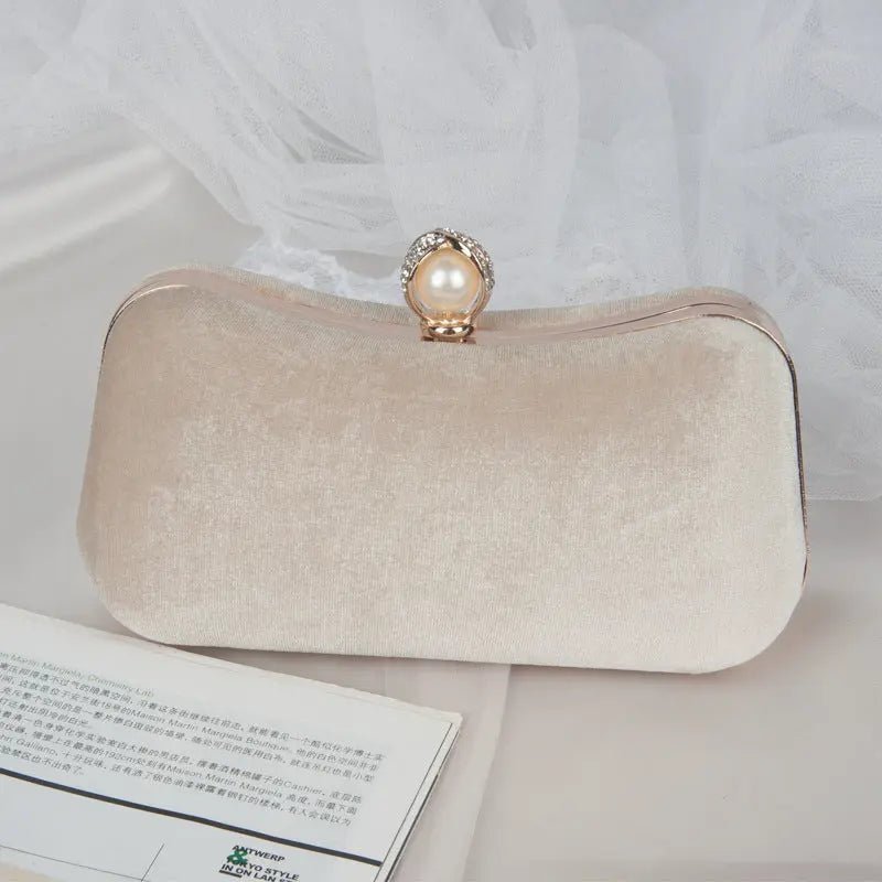 Sylmara | Velvet & Pearl Embellished Evening Clutch – Timeless Elegance - in Apricot | Arvea Bags