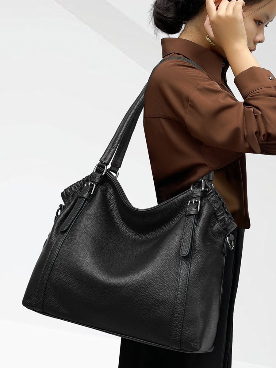 Talyssia | Luxe Slate Blue Leather Tote Bag – Chic & Functional - in Black | Arvea Bags