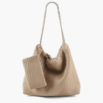 Textured Shoulder Bag with Pouch – Spacious Everyday Tote with Drawstring - in Beige | Arvea Bags