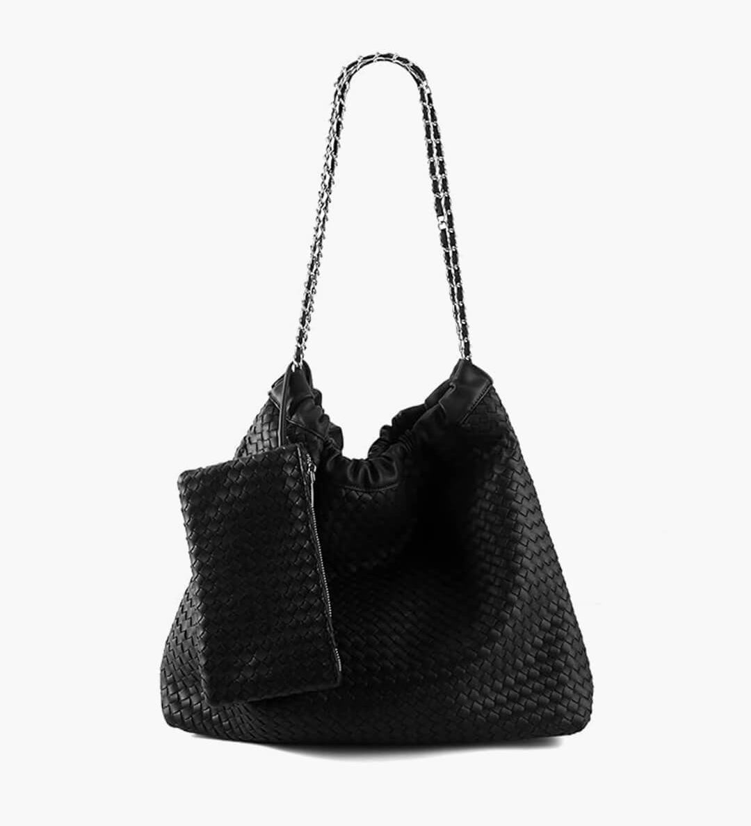 Textured Shoulder Bag with Pouch – Spacious Everyday Tote with Drawstring - in Black | Arvea Bags