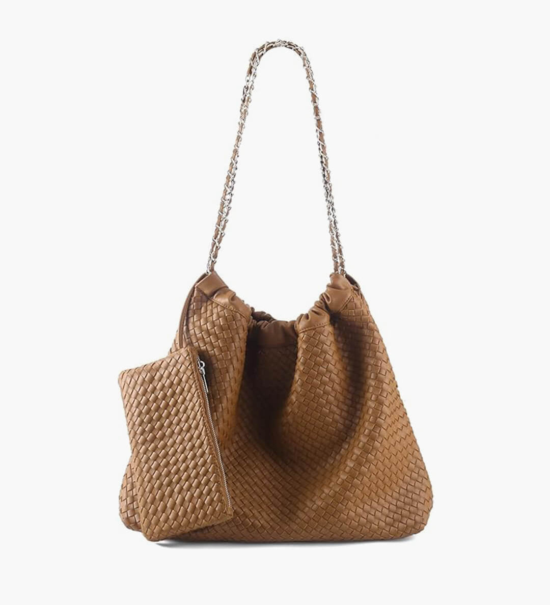 Textured Shoulder Bag with Pouch – Spacious Everyday Tote with Drawstring - in Brown | Arvea Bags