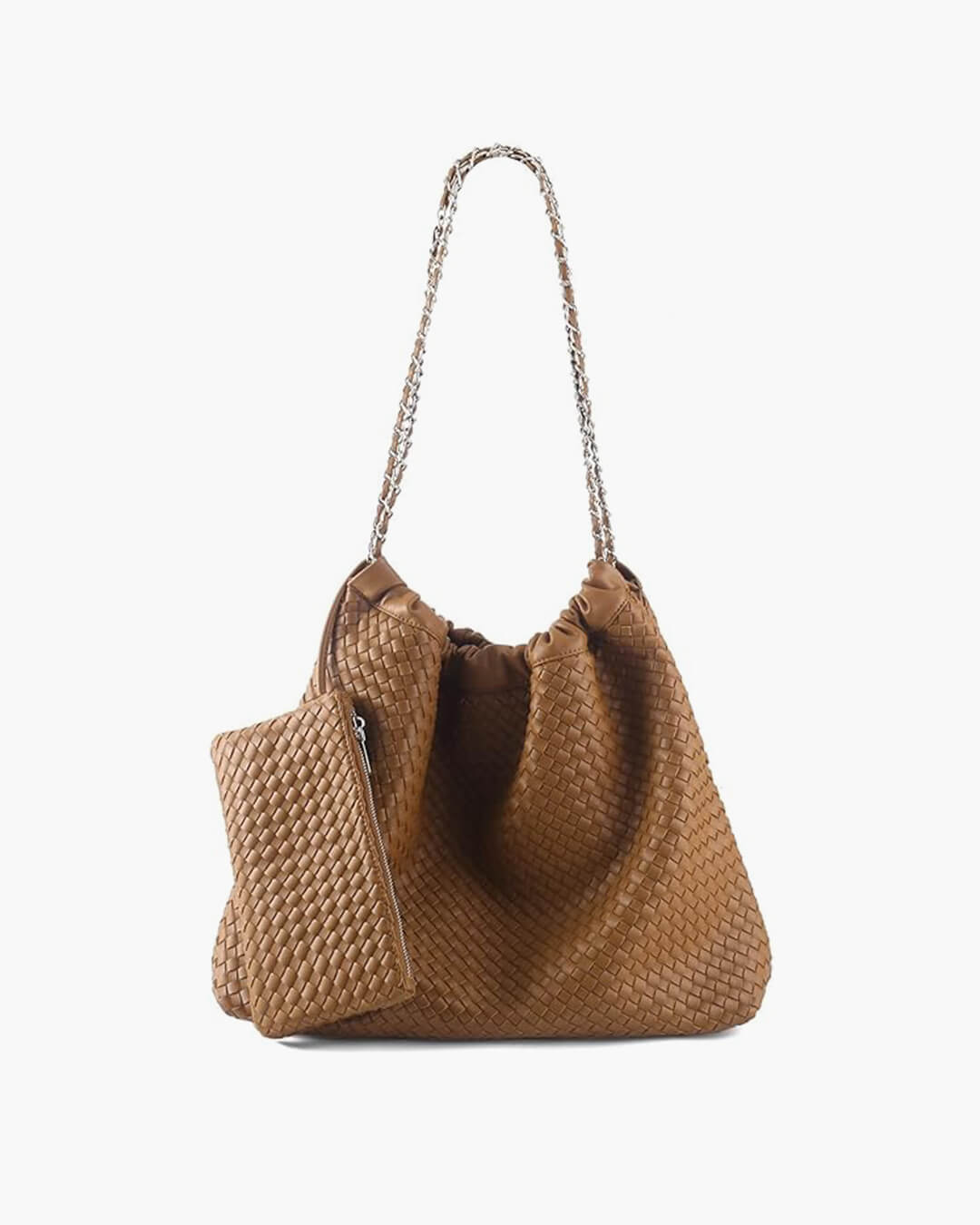 Textured Shoulder Bag with Pouch – Spacious Everyday Tote with Drawstring - in Brown | Arvea Bags