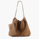 Textured Shoulder Bag with Pouch – Spacious Everyday Tote with Drawstring - in Brown | Arvea Bags