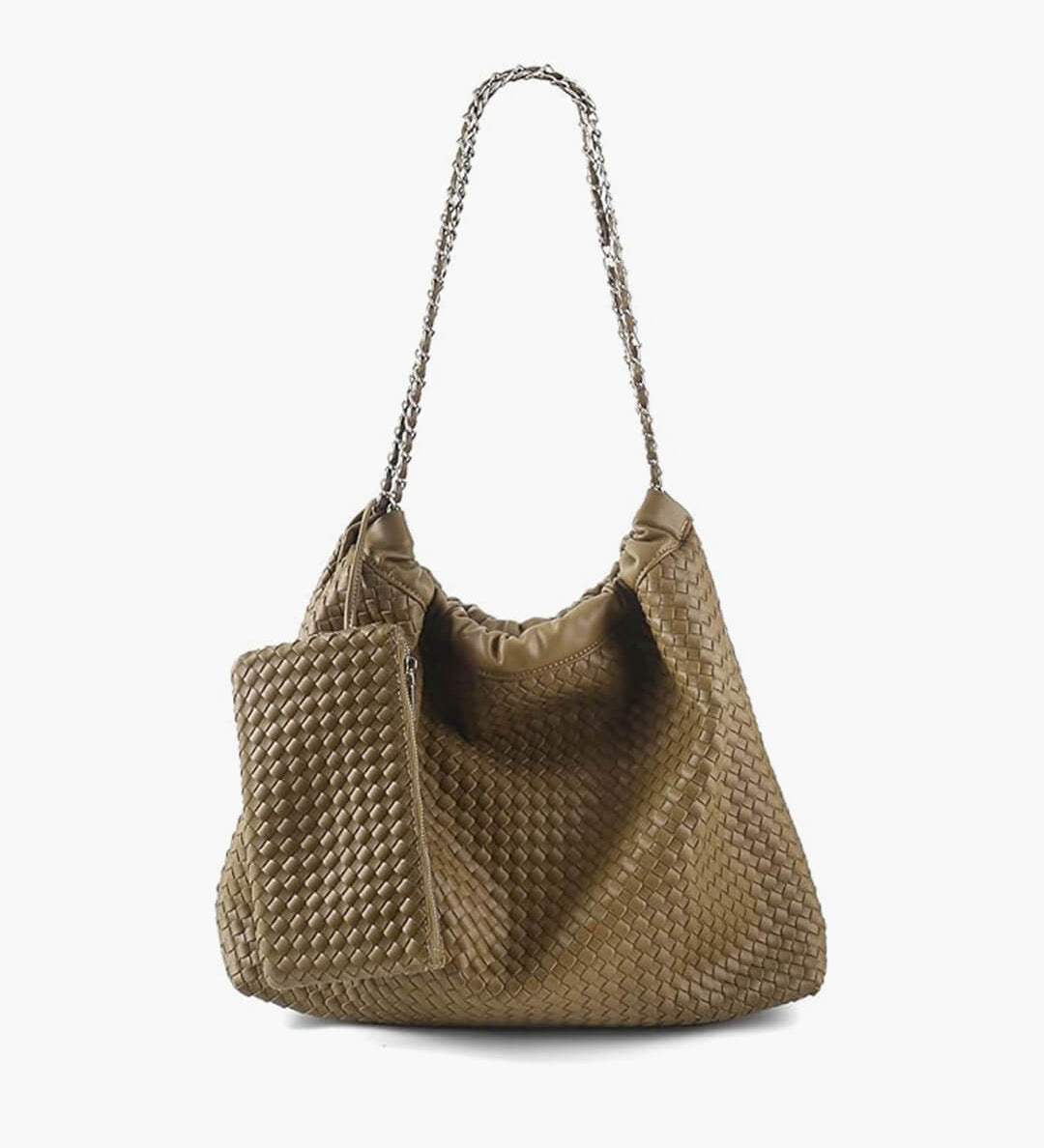 Textured Shoulder Bag with Pouch – Spacious Everyday Tote with Drawstring - in Khaki | Arvea Bags