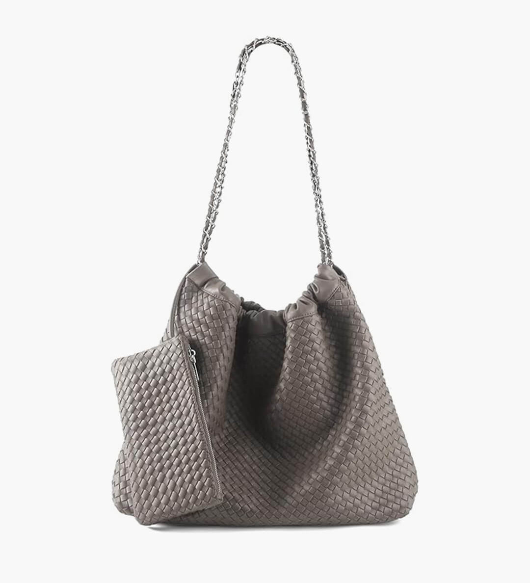 Textured Shoulder Bag with Pouch – Spacious Everyday Tote with Drawstring - in Light Gray | Arvea Bags